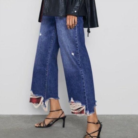 Zara Denim - ZARA High Rise Wide Leg Raw Crop Plaid Detail Dark Wash Jeans